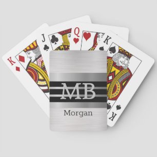 DIY Monogram/Name Bk/Silver Stripes Brushed Silver Poker Cards