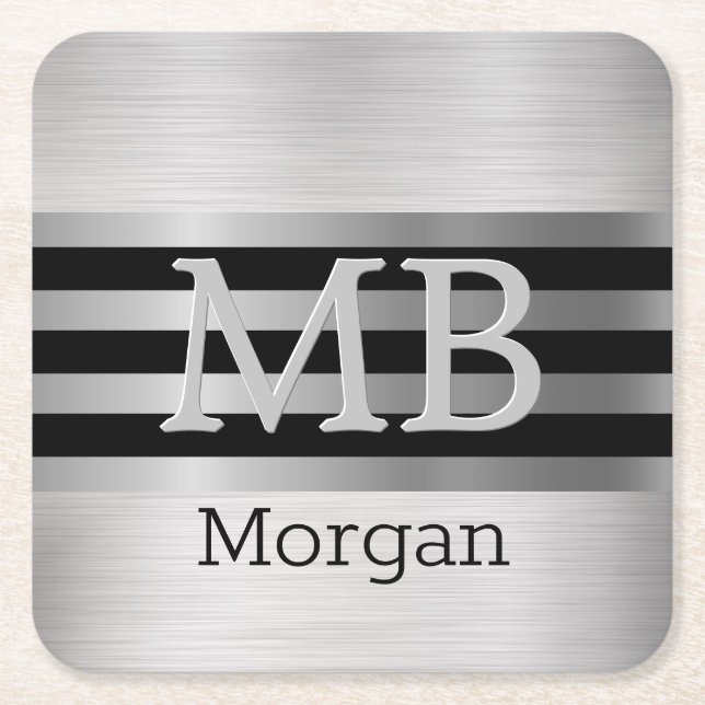 DIY Monogram/Name Bk/Silver Stripes Brushed Silver Square Paper Coaster (Front)