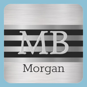 DIY Monogram/Name Bk/Silver Stripes Brushed Silver Square Sticker