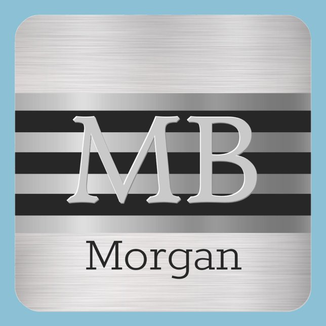 DIY Monogram/Name Bk/Silver Stripes Brushed Silver Square Sticker (Creator Uploaded)