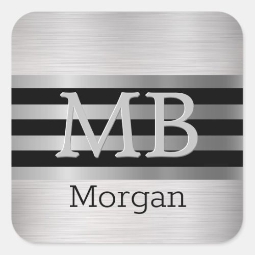 DIY MonogramName BkSilver Stripes Brushed Silver Square Sticker