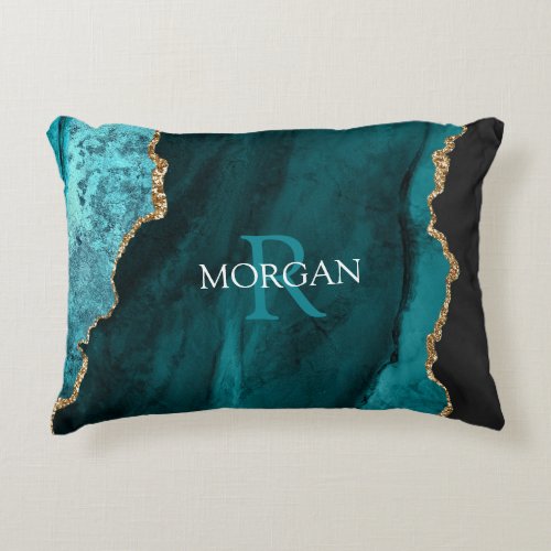 DIY Monogram  Name Black Gold  Teal Agate Accent Pillow