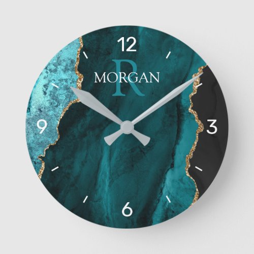 DIY Monogram  Name Black Gold Teal Agate Numbers Round Clock