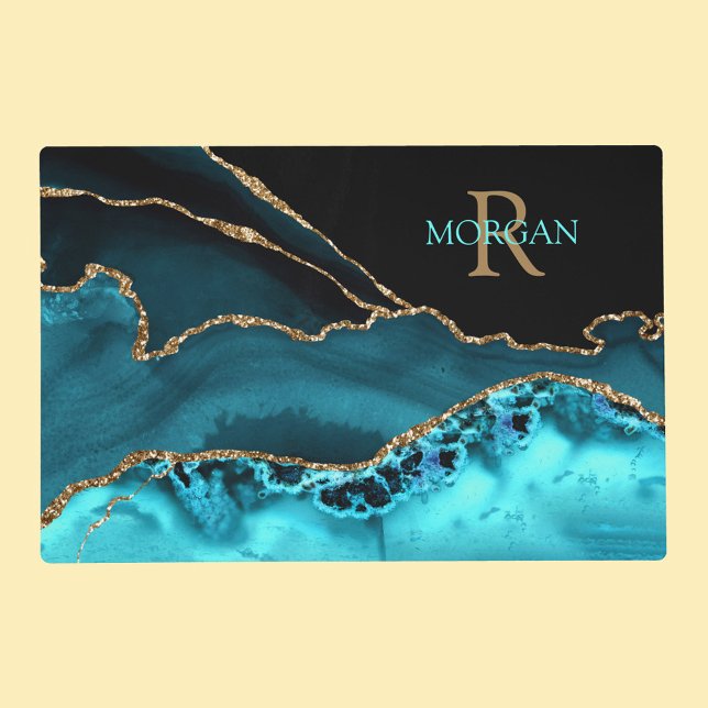 DIY Monogram & Name, Black Gold & Teal Agate Placemat (Creator Uploaded)