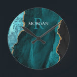 DIY Monogram & Name, Black Gold & Teal Agate Round Clock<br><div class="desc">Personalize with your Monogram and Name In White and Dark Teal text on black,  gold and teal agate. Click “Customize” to change colors and type styles.</div>