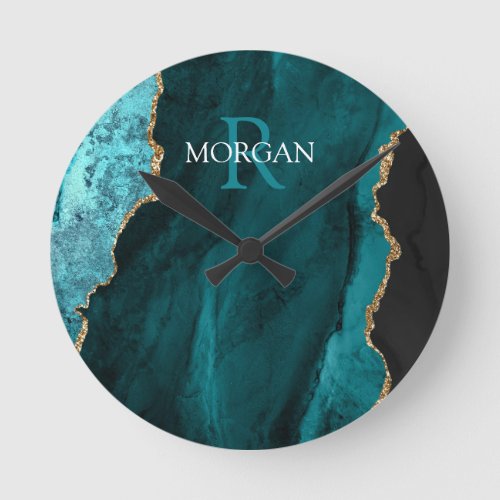 DIY Monogram  Name Black Gold  Teal Agate Round Clock