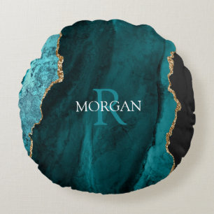 DIY Monogram & Name, Black Gold & Teal Agate Round Pillow