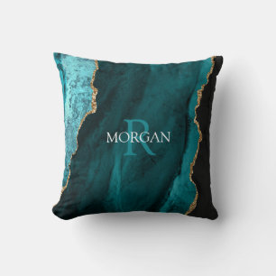 DIY Monogram & Name, Black Gold & Teal Agate Throw Pillow