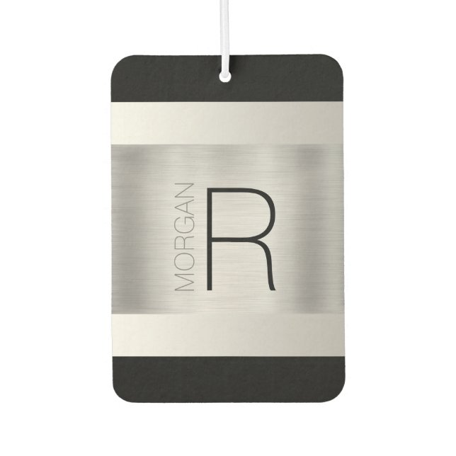 DIY Monogram Name, Black Grey Text, Brushed Silver Air Freshener (Front)