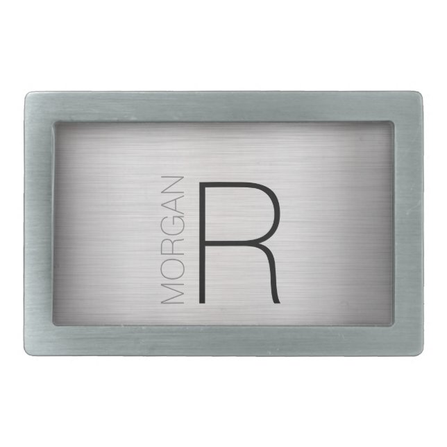 DIY Monogram Name, Black Grey Text, Brushed Silver Belt Buckle (Front)