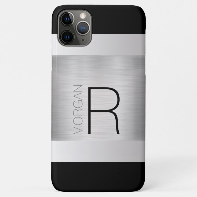 DIY Monogram Name, Black Grey Text, Brushed Silver Case-Mate iPhone Case (Back)