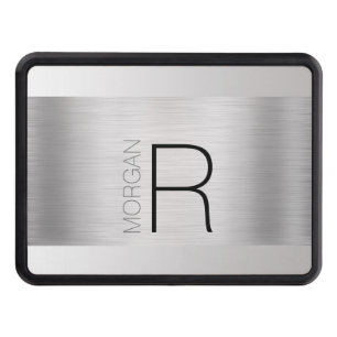DIY Monogram Name, Black Grey Text, Brushed Silver Hitch Cover