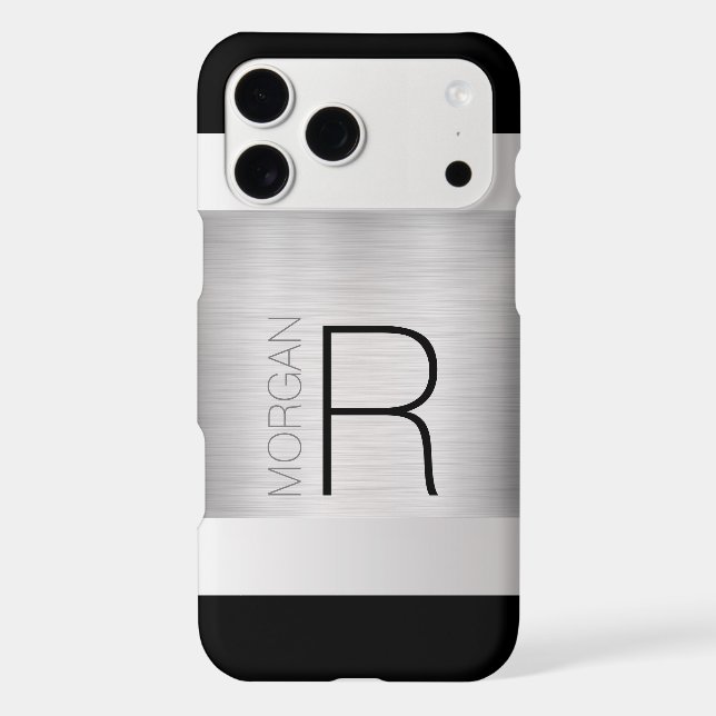 DIY Monogram Name, Black Grey Text, Brushed Silver Iphone Case (Back)