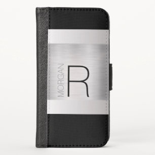 DIY Monogram Name, Black Grey Text, Brushed Silver iPhone X Wallet Case
