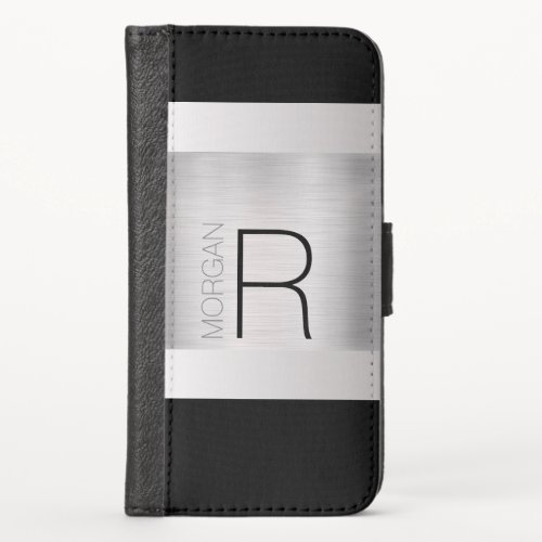 DIY Monogram Name Black Grey Text Brushed Silver iPhone X Wallet Case