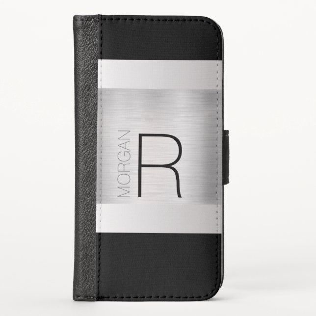 DIY Monogram Name, Black Grey Text, Brushed Silver iPhone Wallet Case (Front)