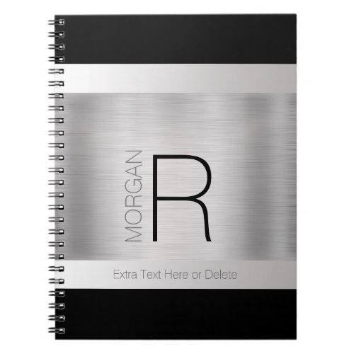 DIY Monogram Name Black Grey Text Brushed Silver Notebook