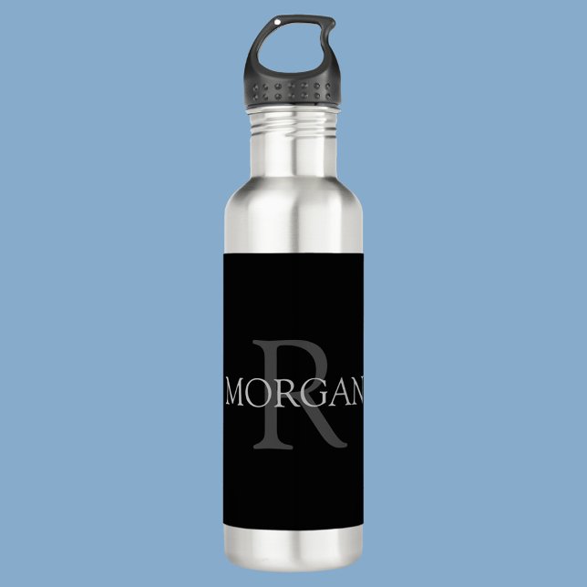 DIY Monogram & Name, Classic Black, Grey Text Stainless Steel Water Bottle (Creator Uploaded)