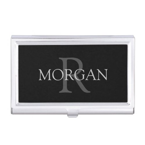 DIY Monogram  Name Classic Black with Grey Text Business Card Case