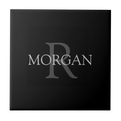 DIY Monogram  Name Classic Black with Grey Text Ceramic Tile