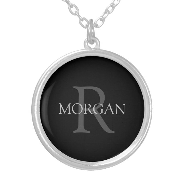 DIY Monogram & Name, Classic Black with Grey Text Silver Plated Necklace (Front)