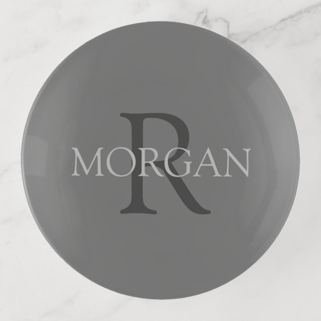 DIY Monogram & Name, Classic Grey with Grey Text Trinket Tray (Front)