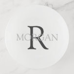DIY Monogram & Name, Classic White with Grey Text Trinket Tray<br><div class="desc">Personalize with your Monogram and Name In Grey Text with white background. This simple Classic Design is sure to get attention.</div>
