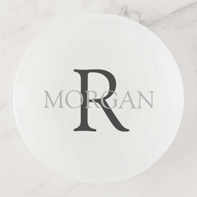 DIY Monogram & Name, Classic White with Grey Text Trinket Tray (Front)