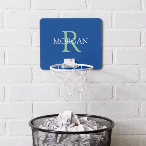 DIY Monogram  Name Deep Blue Sage White Mini Basketball Hoop