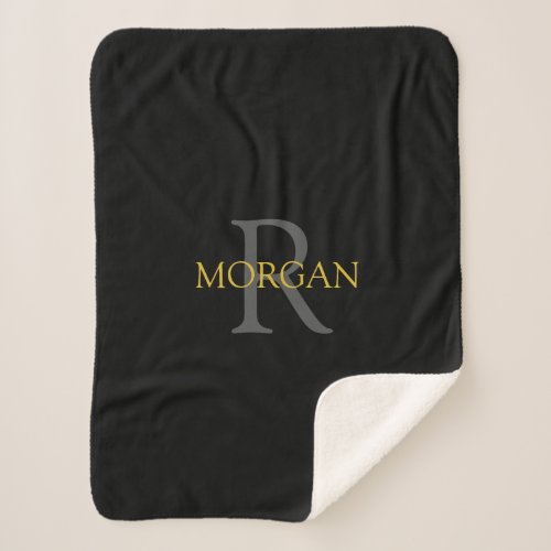 DIY Monogram Name Gold  Dark Grey Text Black Sherpa Blanket