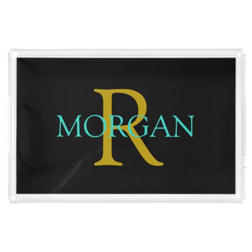 DIY Monogram  Name GoldLight Teal Text on Black Acrylic Tray