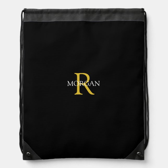 DIY Monogram & Name, Gold/White Text, Black Drawst Drawstring Bag (Front)