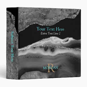 DIY Monogram & Name, Info, Bk/Wh Agate, Gold Teal 3 Ring Binder