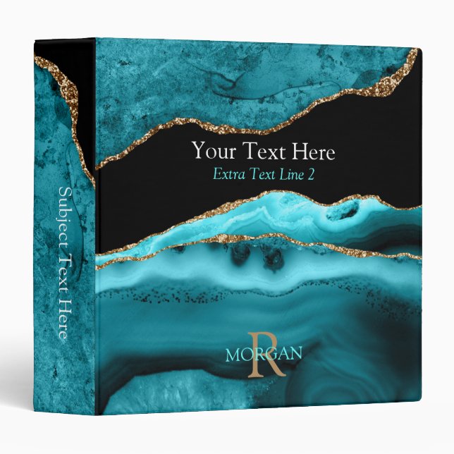 DIY Monogram & Name, Info, Black & Gold Agate Vs 2 3 Ring Binder (Front/Spine)