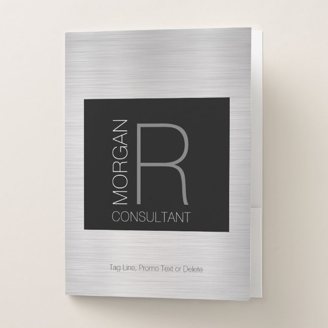 DIY Monogram Name Profession, Black/Brushed Silver Pocket Folder (Front)