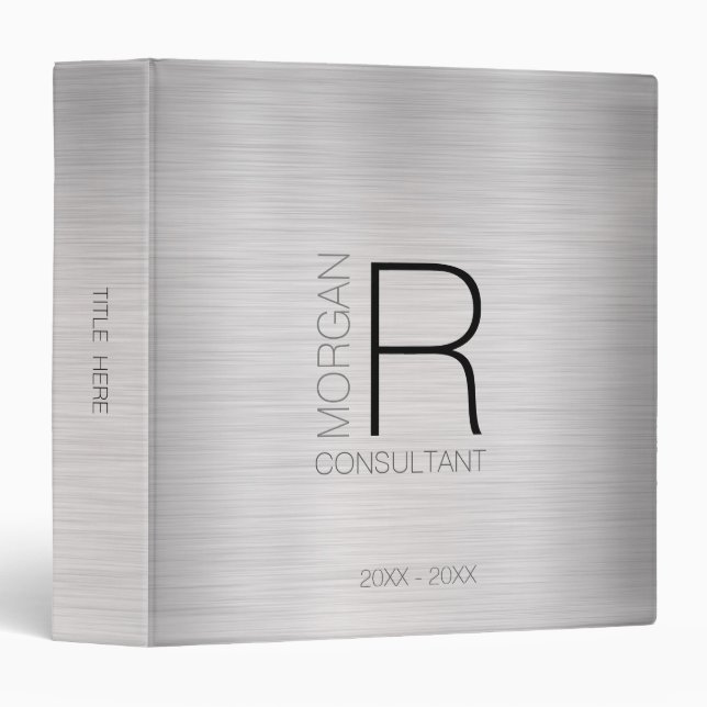 DIY Monogram Name Profession Date, Blk Gray Silver 3 Ring Binder (Front/Spine)