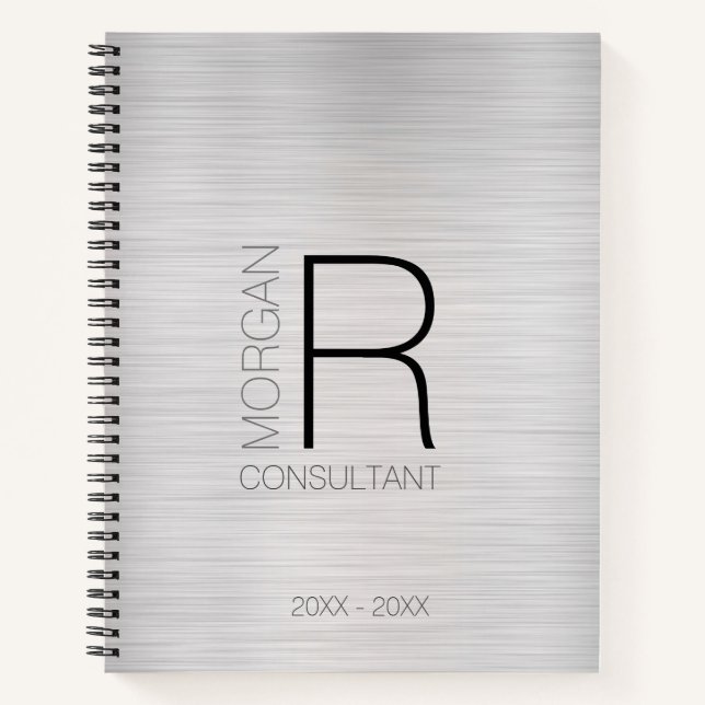 DIY Monogram Name Profession Date, Blk Grey Silver Notebook (Front)