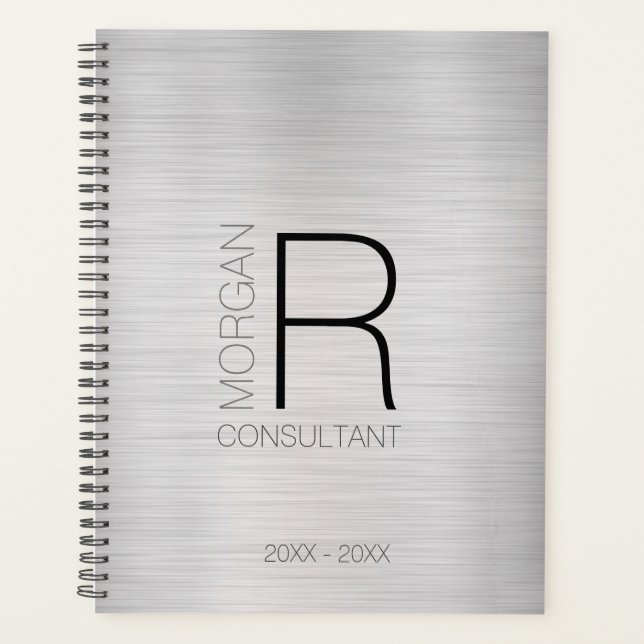 DIY Monogram Name Profession Date, Blk Grey Silver Planner (Front)