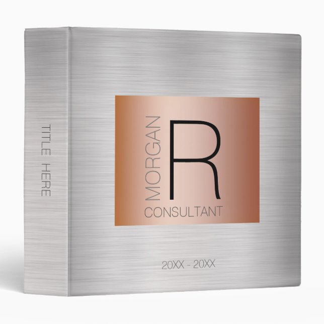 DIY Monogram Name Profession Date Rose Gold Silver 3 Ring Binder (Front/Spine)