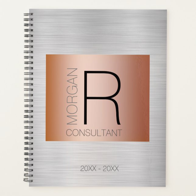 DIY Monogram Name Profession Date Rose Gold Silver Planner (Front)