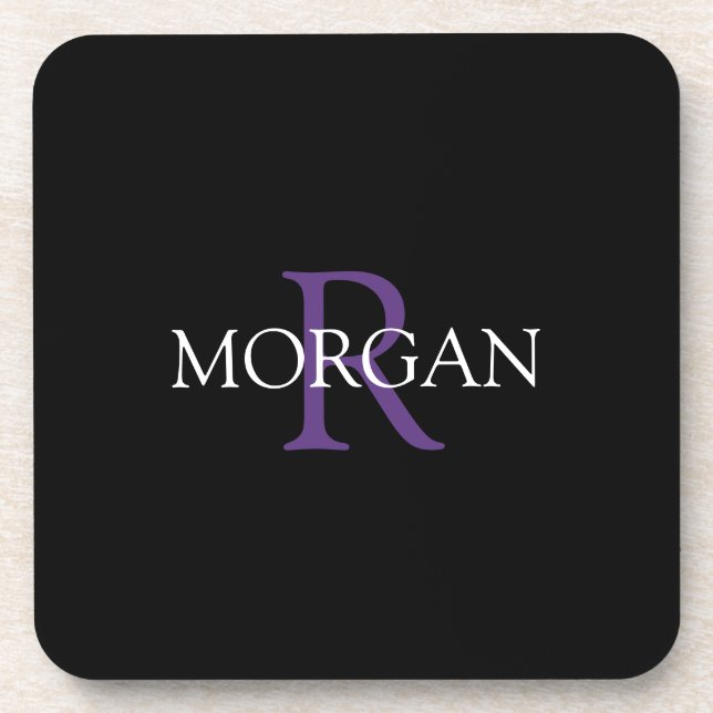 DIY Monogram & Name, Purple & White Text, Black Beverage Coaster (Front)