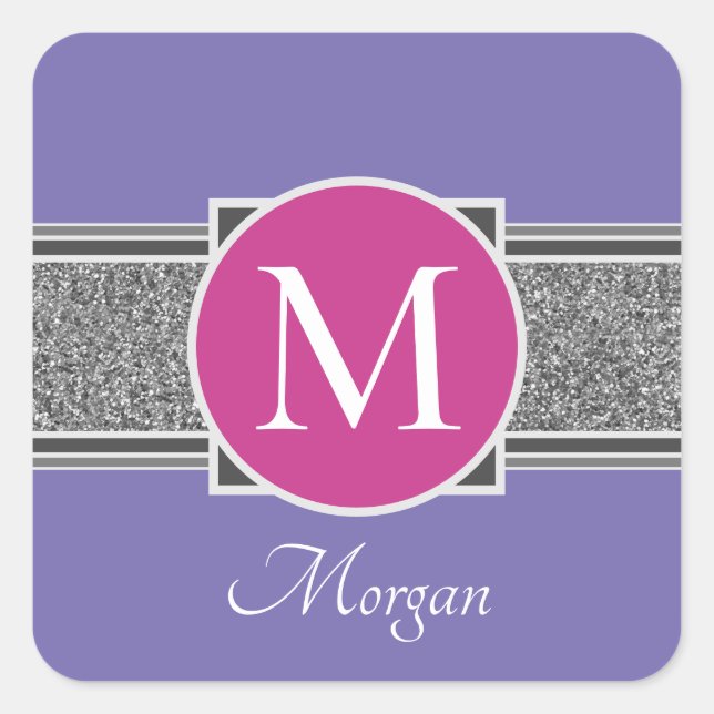 DIY Monogram & Name, Silver Glitter, Periwinkle Square Sticker (Front)