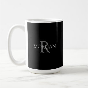DIY Monogram & Name, Simple Grey Text on Black Coffee Mug