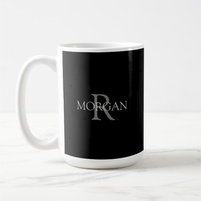 DIY Monogram & Name, Simple Grey Text on Black Coffee Mug (Left)