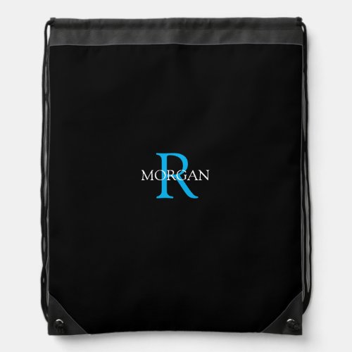 DIY Monogram  Name Sky BlueWhite Text Black Drawstring Bag