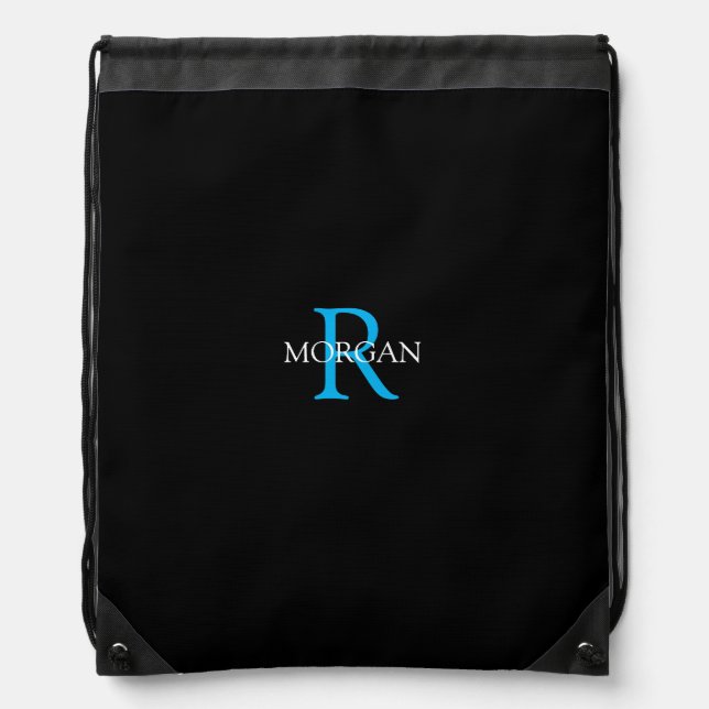 DIY Monogram & Name, Sky Blue/White Text, Black Drawstring Bag (Front)
