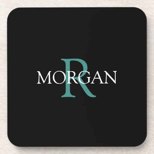 DIY Monogram  Name Teal  White Text Black Beverage Coaster