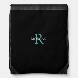 DIY Monogram & Name, Teal/White Text, Black Drawstring Bag