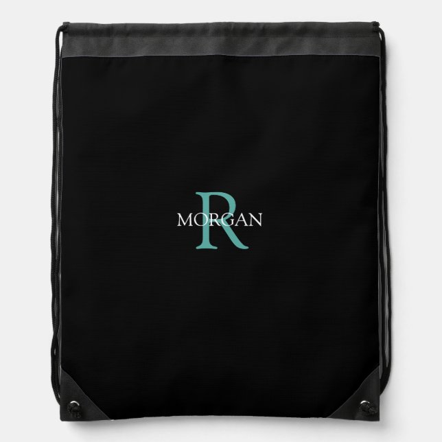 DIY Monogram & Name, Teal/White Text, Black Drawstring Bag (Front)