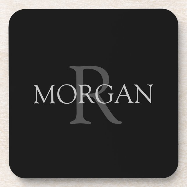 DIY Monogram & Name, Trendy Black with Grey Text Beverage Coaster (Front)